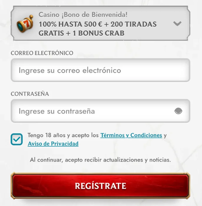 Formulario de registro y creación de cuenta en MyEmpire Casino